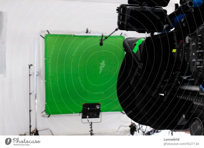 Setup in a TV studio with green screen, lights, and camera background chroma key discussion empty equipment film furniture green screen background greenscreen