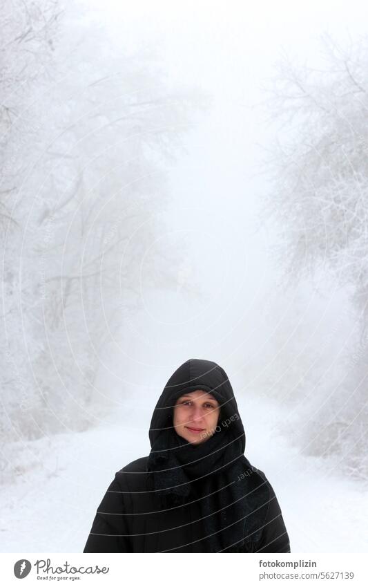 Mona Lisa in the winter forest Woman Young woman Winter Snow Forest Nature Winter forest person Human being portrait Looking Winter mood Winter's day White