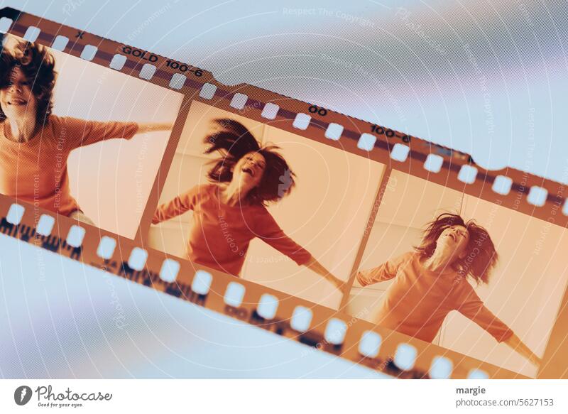 Filmstrip of a woman, she is full of joy! Analog Slide Negative film photography Retro analogue photography Joy Woman Emotions Hop Jump cheerful Happiness