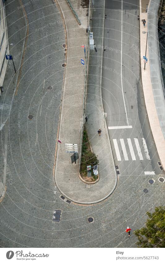 sharp curve, aerial image of a road with a sharp curve, a pedestrian crossing and a person running Curve curves Sharp Road sign Aerial photograph aerial view
