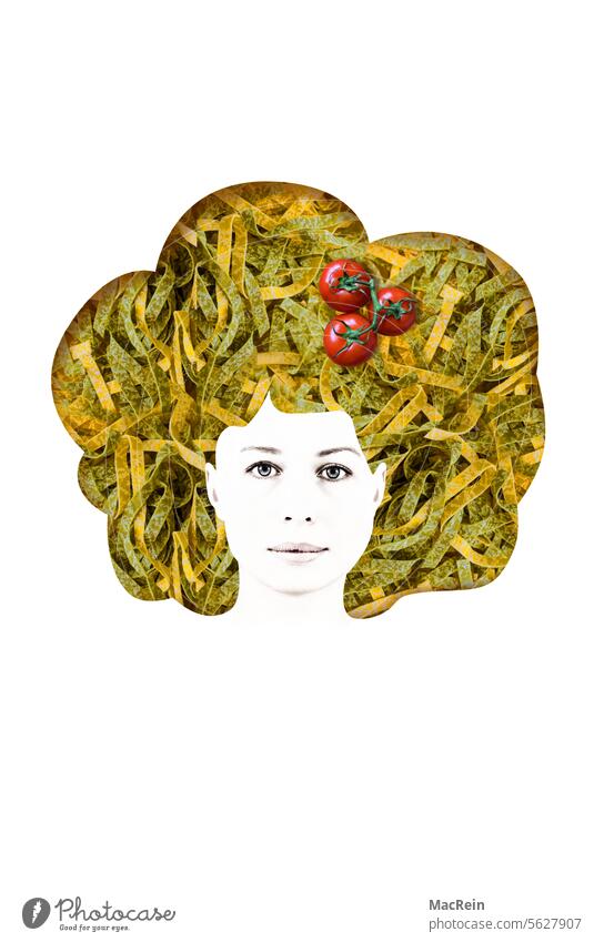 Portrait of a woman with a tagliatelle hairstyle Tagliatelle Pasta Dough tomatoes Eating egg noodle egg pasta Woman Face Italian concept Noodles food products