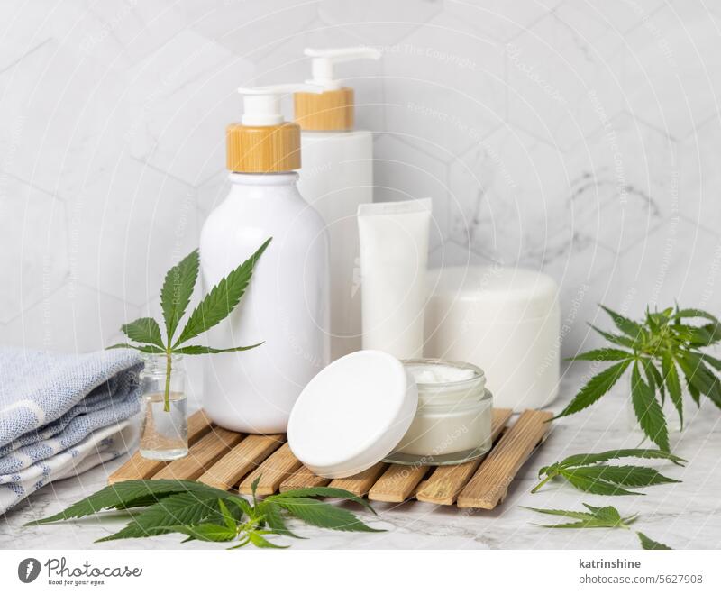 Opened cream jar with blank lid near green cannabis leaves close up, CBD cosmetic mockup cbd opened Brand packaging eco friendly organic skin care facial