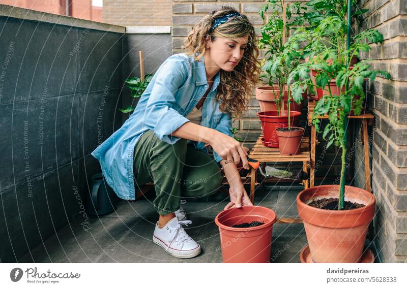 Woman using shovel to fill with soil a pot of plant in urban garden on terrace gardener woman female throwing potting plants rooftop transplanting gardening