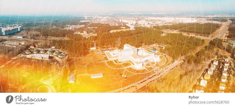 Panoramic Aerial View Of Building Of Scientific Center For Medicine And Ecology In Spring Sunny Day. Top View. Bird's Eye View. Medical Research Concept. Bright Saturated Colors. Healthcare