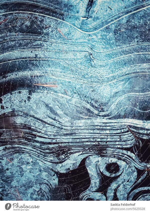 Abstract patterns in ice Ice Frozen Frozen water Lake Water Pond Nature Frost Pattern lines lines and shapes Frozen surface Detail Close-up Winter Cold Freeze