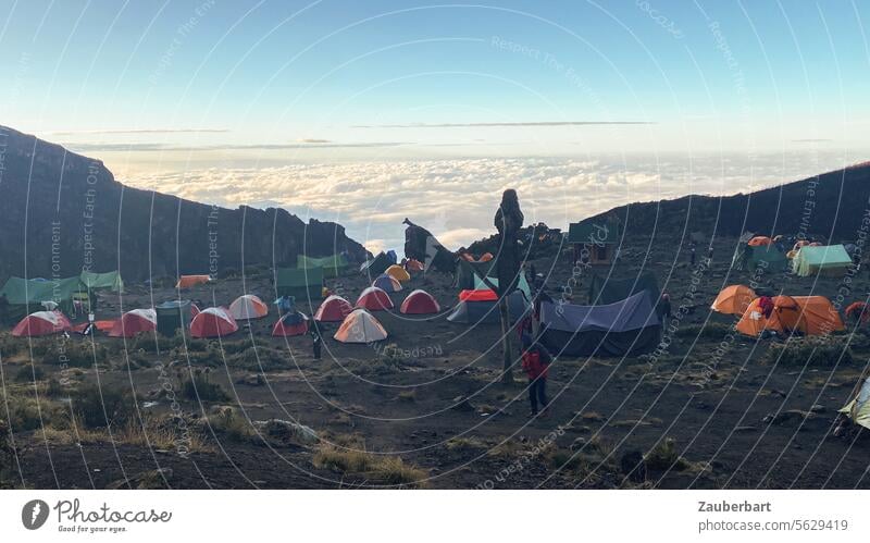 A tent camp above the clouds on Kilimanjaro, Lemosho route Tent Storage Tents trekking Hiking hike Clouds Morning Sunrise variegated Life Adventure Nature