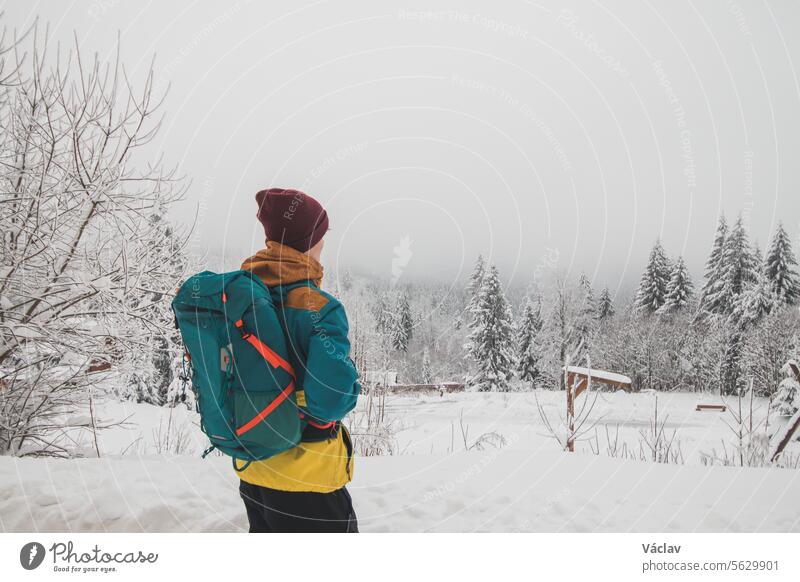 Traveller looks around the snowy landscape. Winter walk through untouched landscape in Beskydy mountains, Czech Republic. Hiking lifestyle one person backpack