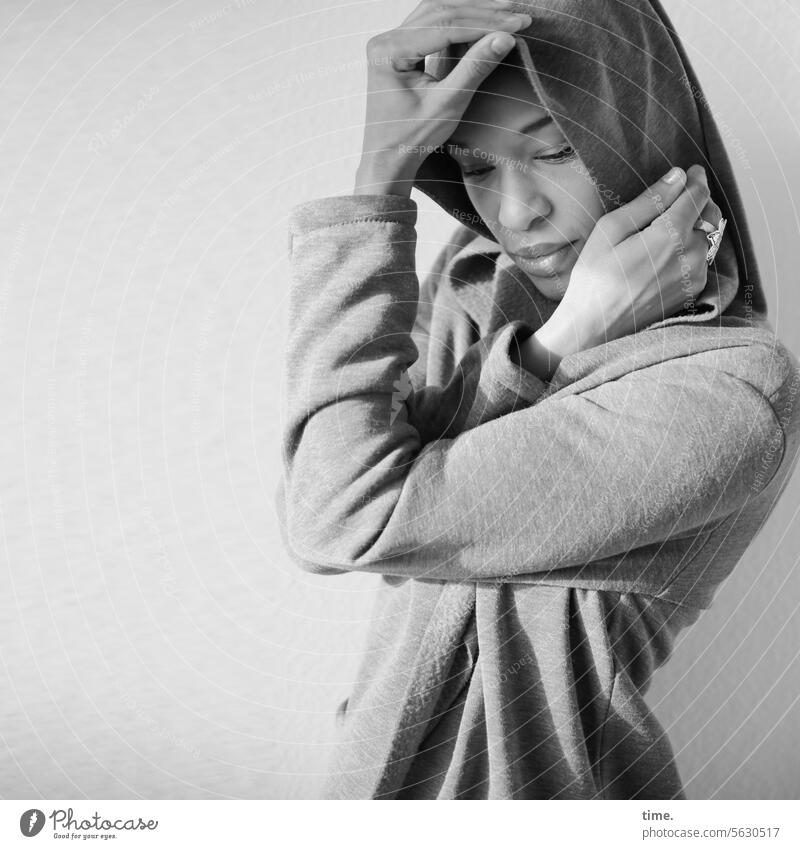 Woman in hoodie Jacket Hoodie Protection safety Downward upper body stop hands Arm Clothing Stand Meditative pose