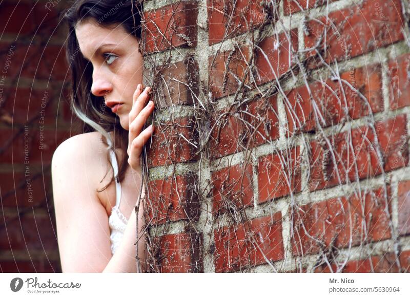 woman around the corner Wall (barrier) inquisitorial hiding Curiosity Observe Fear Head look around the corner Feminine Upper body Looking Loneliness Timidity