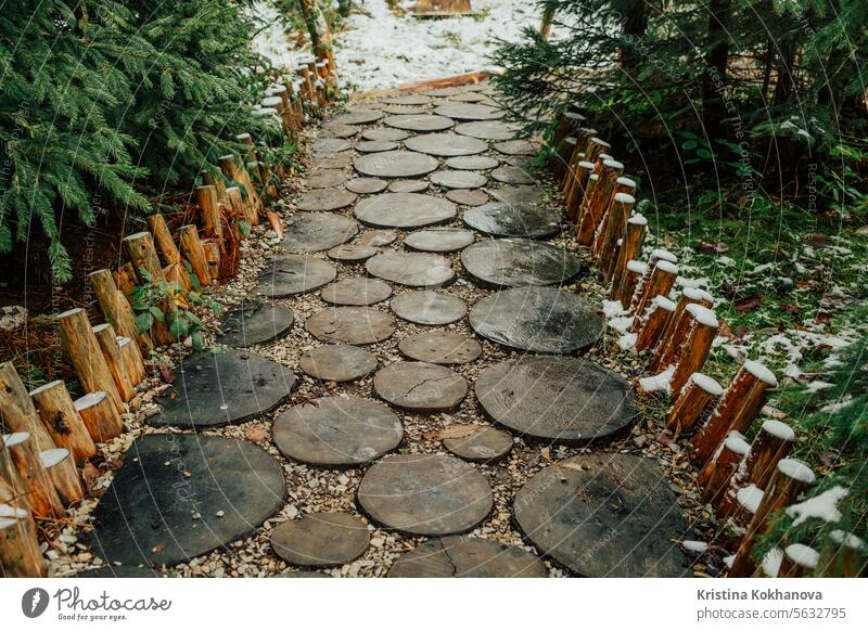 Creative idea for garden paths made of wood, log cabin. Winter nature. forest park beautiful hiking landscape tourism travel tree winter frozen ice outdoor