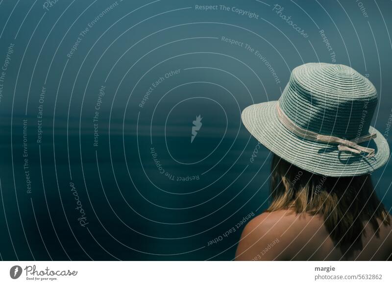 Longing view of the sea Woman Hat Ocean Minimalistic Summer Bow Blonde vacation Water travel Vacation & Travel Horizon Wanderlust Landscape Freedom Rudbeckia