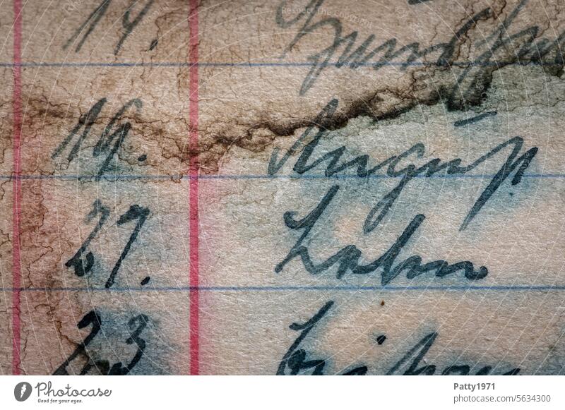 Handwritten entry in an old cash book. The ink has run, the paper is stained and soiled. Paper Old vintage Handwriting names figures Ink blotchy Melt polluted