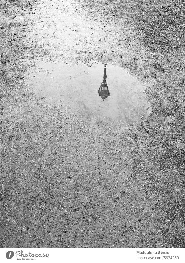reflection of a lamp post in paddle on the ground street light puddle rain wet asphalt texture grainy classic weather grey fall winter sad moody ethereal