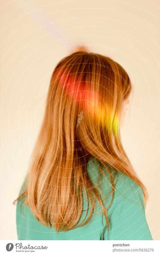 a streak of light in rainbow colors in a child's hair.hope, joy, happiness Beam of light Rainbow Child Hope Joy Happy Light Tolerant Multicoloured Refraction