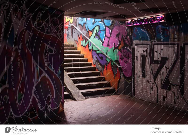 staircase Underpass Graffiti Light Pedestrian underpass Safety Stairs Dark Lanes & trails Passage Town Contrast