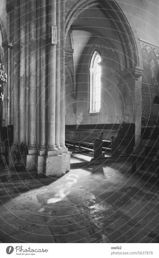 Sacred space Sanctuary Ogival arch Gothic period Old unostentatious Interior shot Black & white photo Religion and faith Christianity Calm Spirituality