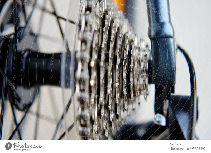 Bicycle gear drivetrain and cassette, close up bicycle bike chain gearshift wheel disc brake repair maintenance system crank mechanism derailleur transportation