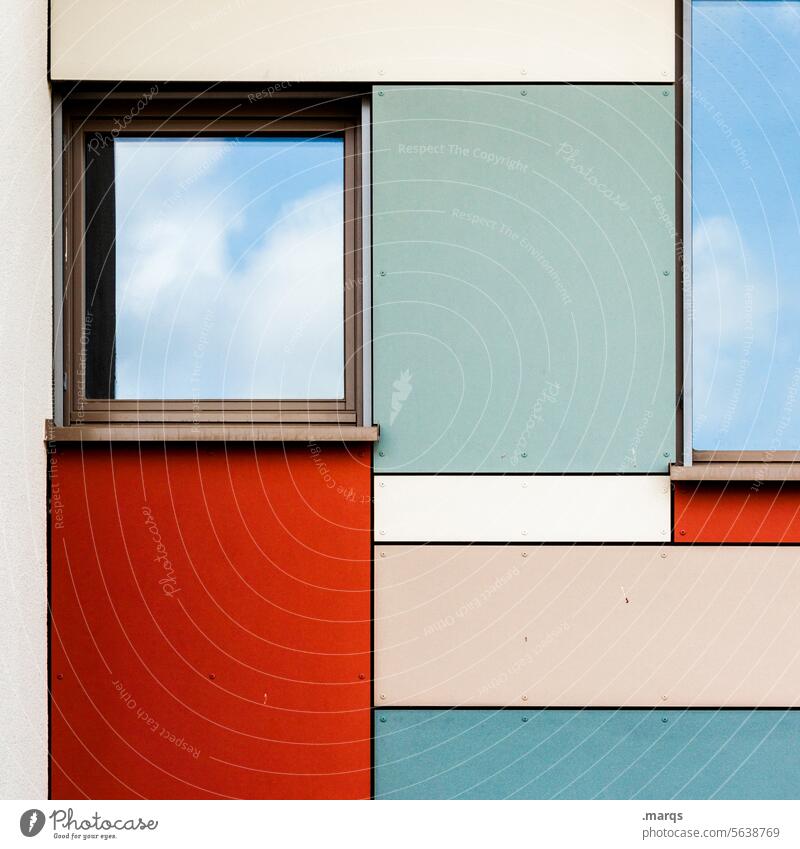 modern facade Window Pattern Close-up Line Design Multicoloured Modern Hip & trendy Sharp-edged Facade Architecture Colour Style Red Geometry Turquoise White