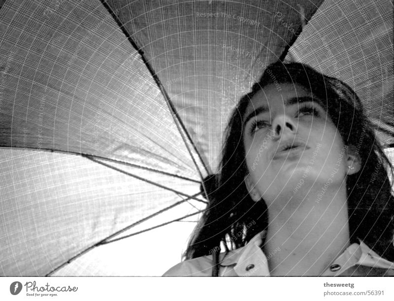 Woman under umbrella Umbrella To go for a walk Young lady Madame Rain Elated Contentment Happiness Accommodation Flexible Promenade amble Canopy Precipitation