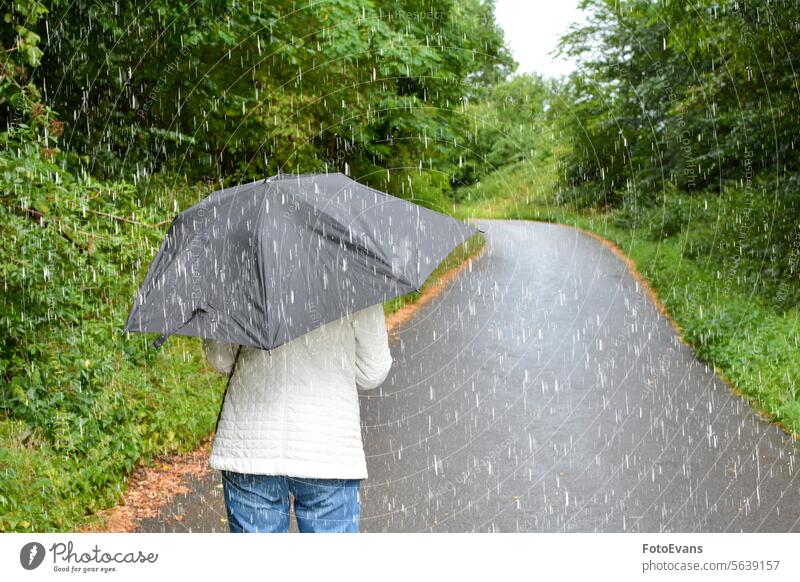 People in the rain with umbrellas in nature path way forward Copy Space wetness storm climate concept running ahead weather rain shower cold green rainy forest