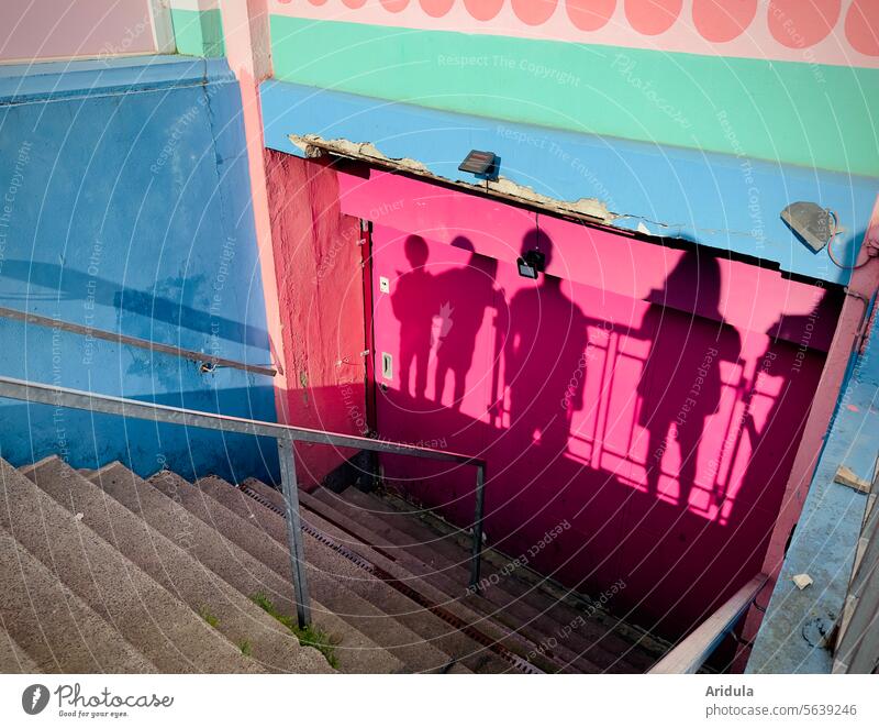 Colorful shadow photo people Shadow Wall (building) Facade variegated Silhouette persons Wall (barrier) Contrast Light Architecture