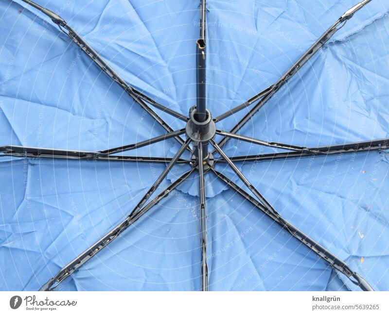 Fallen victim to the storm Umbrella linkage Broken Colour photo Blue light blue Deserted bottom Metal Cloth f Detail Structures and shapes Pattern Close-up