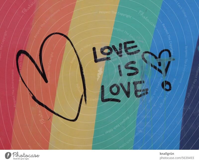 Love is love! Graffiti Rainbow Wall (building) Homosexual Colour photo Equality variety Symbols and metaphors Tolerant Freedom Prismatic colors LGBTQ