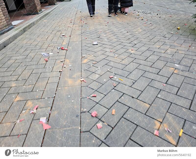 Photo was taken in the pedestrian zone in Troisdorf. Here you can see the remains of the New Year's Eve firecrackers/fireworks from the night. Firecracker 2024
