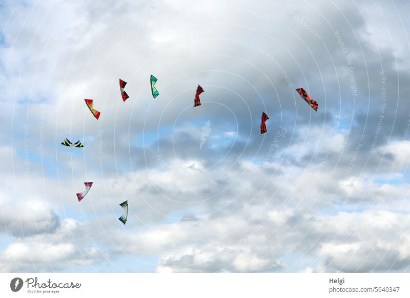 Stunt kite formation in front of a cloudy sky kites Kite Sky Clouds Flying Ease Formation Formation flying fly a kite Leisure and hobbies Joy Autumn Wind
