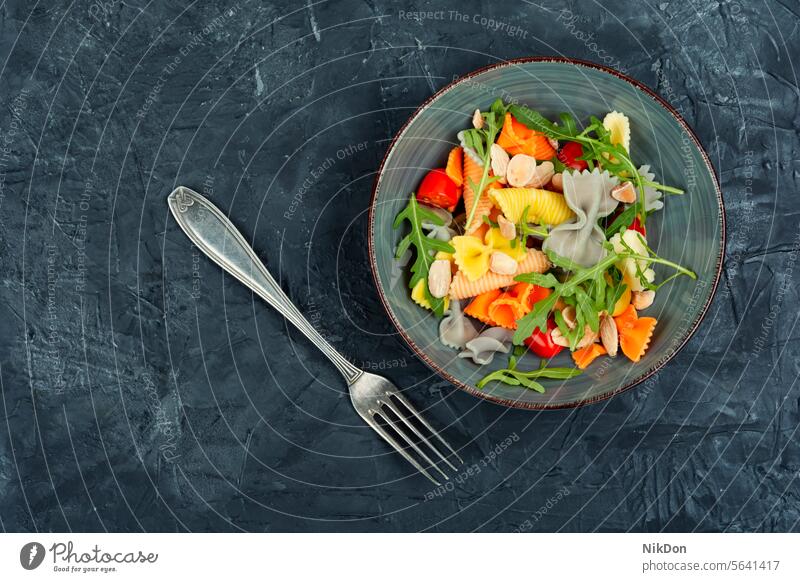 Vegetable salad with pasta, Mediterranean cuisine. mediterranean space for text healthy diet plate yummy healthy eating mix vegetarian macaroni cherry tomato