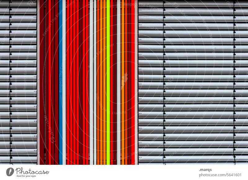 privacy screen Gray Screening Stripe Pattern Slat blinds Line Venetian blinds Aluminium Arrangement Closed Contrast Colour Red Yellow Modern Geometry