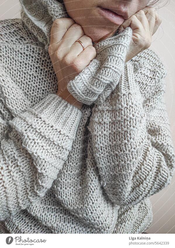 Being cozy in big warm sweater Sweater Wool sweater Clothing Colour photo Fashion Soft Winter Warmth Woman Interior shot Knit knitwear comfort Comfortable