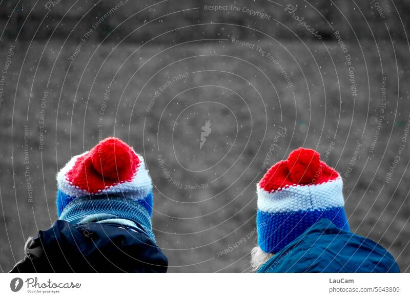 French fans with bobble hats Winter sports fans France Tricolor show flag Blue White Red Snowfall Caps Poodle hats Audience cheer support Flag come clean