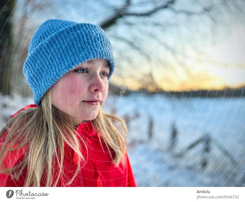 Portrait | Girl in winter Winter Snow Cap portrait Face Looking Child Shallow depth of field Human being Cold Infancy Freeze light blue Sunset Beautiful weather