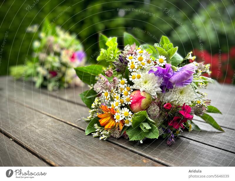 Two bouquets of summer flowers on a wooden table Bouquet out Table Wooden table Flower Blossom Summer Decoration Pink pretty variegated Blossoming Green Gift