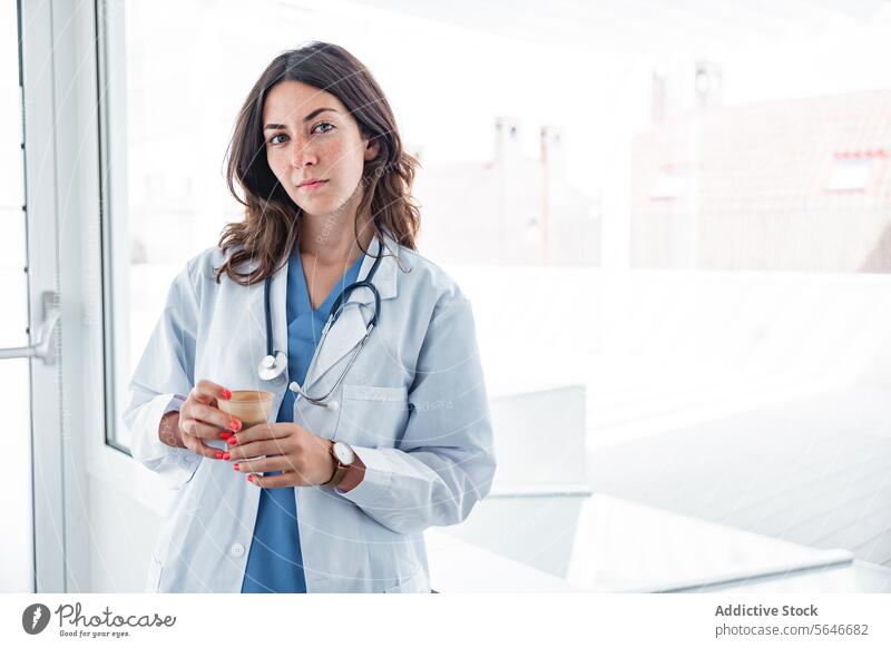 Young female doctor with stethoscope in hospital room with holding cup woman uniform clinic specialist professional health care modern physician occupation
