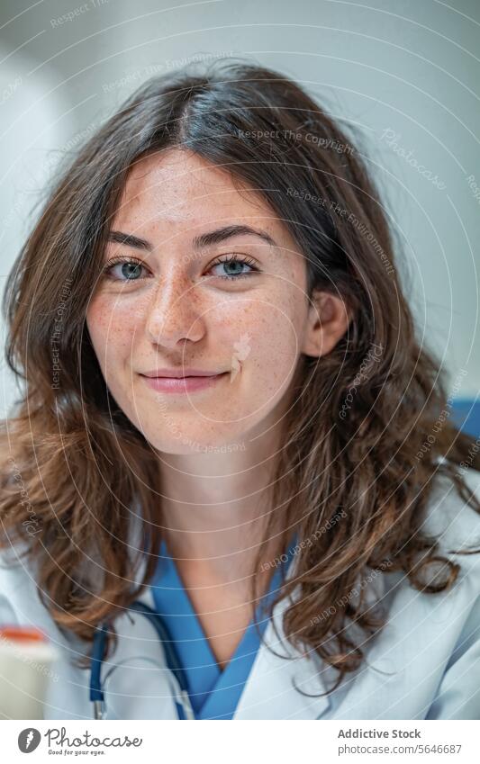 Young female doctor in uniform with stethoscope looking at camera woman portrait smile medical clinic hospital specialist nurse health care physician medicine