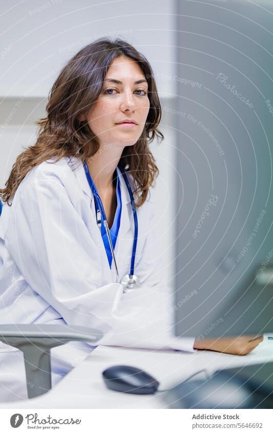 Young female doctor in uniform with stethoscope and looking at camera woman medical clinic hospital specialist nurse health care physician medicine professional