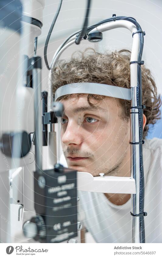 Thoughtful young man patient leaning with chin on split lamp biomicroscope in hospital pensive thoughtful stress check up lean on calm male room ponder