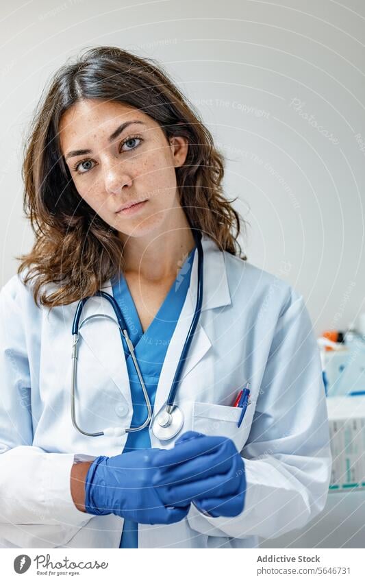 Young female doctor in uniform with stethoscope and blue gloves looking at camera woman medical clinic hospital specialist nurse health care physician medicine