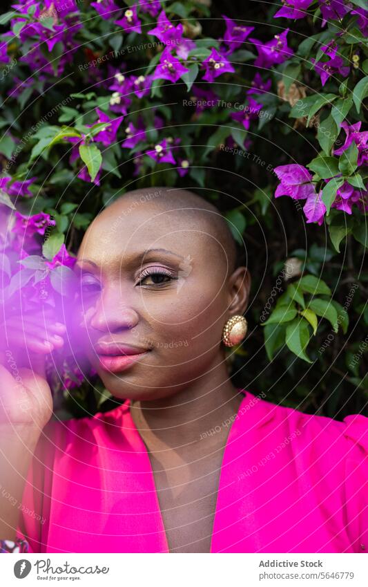 Smiling black woman with shaved head in pink dress standing near blooming bush in park and looking at camera bougainvillea flower purple plant smile nature