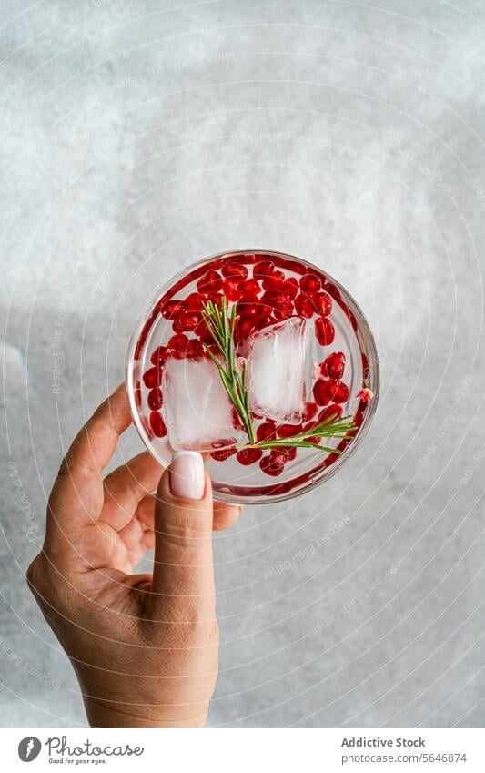 Anonymous of hand holding a gin tonic placed in concrete background cocktail pomegranate seed rosemary glass alcohol drink ice grey textured mixology bar