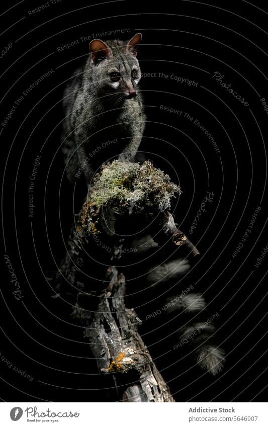 Nocturnal animal perched on a mossy branch against black nocturnal black background mysterious wild creature nature wildlife darkness shadow tree natural