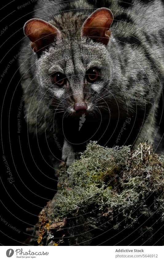 Intense gaze of a nocturnal animal in the dark intense eyes close-up shadow branch mossy perched creature wildlife nature focus detail whiskers fur ear texture