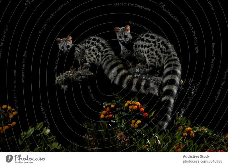 A two genet navigates a fruit-laden branch beautifully contrasted against a pitch-black background Genet wildlife nature creature nocturnal animal mammal carabo