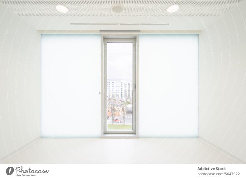 Empty white room with window in hospital Hospital White Glass Window Wall Ceiling Fan Light Interior Modern Medical Clean Medicine Clinic Contemporary Bright