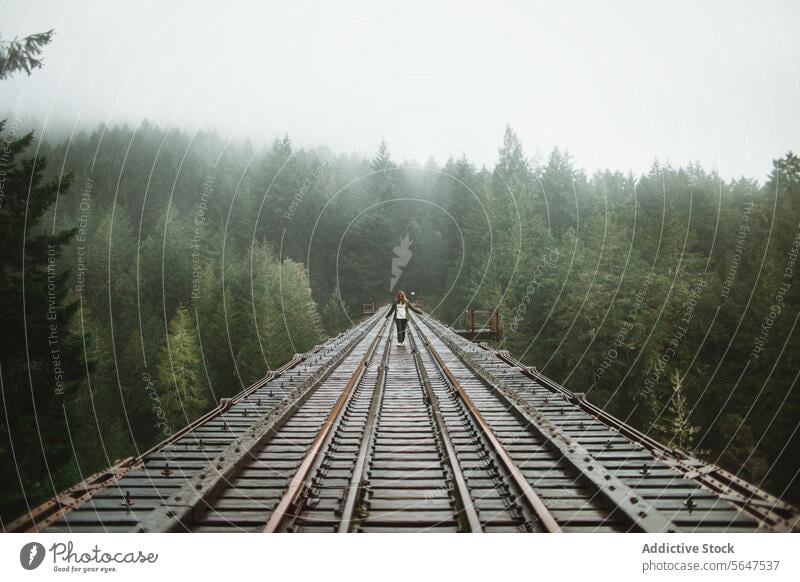 Misty forest railroad bridge with a lone woman walking person tracks mist fog solitude vancouver island british columbia canada nature trees outdoors tranquil