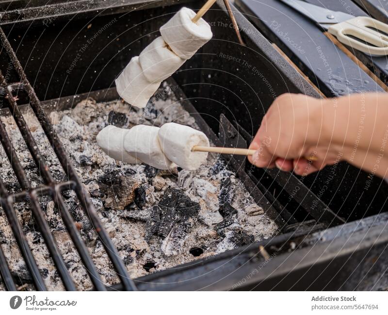 Toasting marshmallow with skewer stick toast roast person charcoal grill machine picnic burn snack tasty food heat delicious faceless yummy top view bbq crop