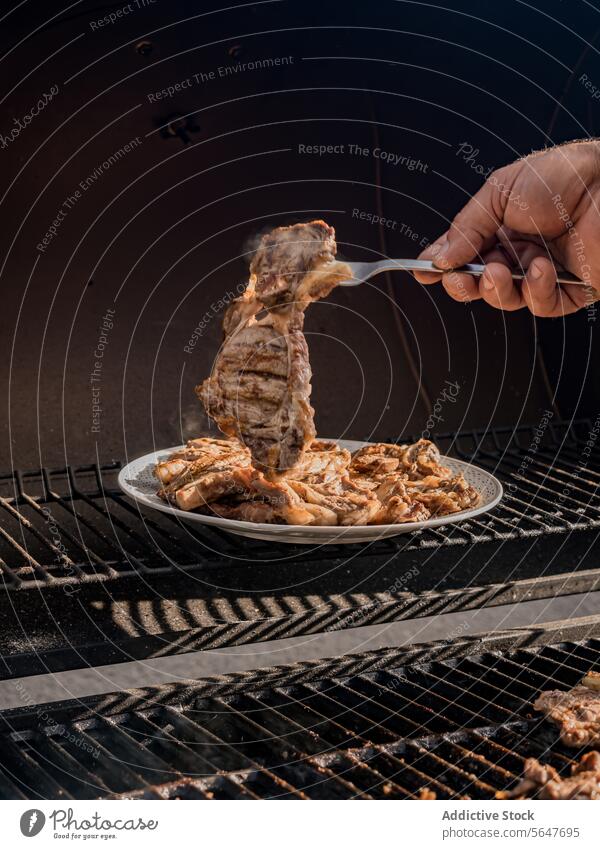 Crop cook serving grilled meat serve person put plate fork barbecue piece delicious tasty food picnic dish cuisine outdoors summer yummy gastronomy hot faceless