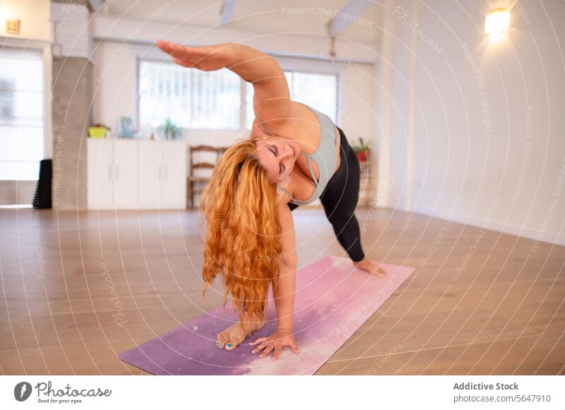 Flexible fat woman practicing yoga in studio perform triangle pose sportswear flexible lady fit practice lamp stretch mat wellness exercise healthy zen balance